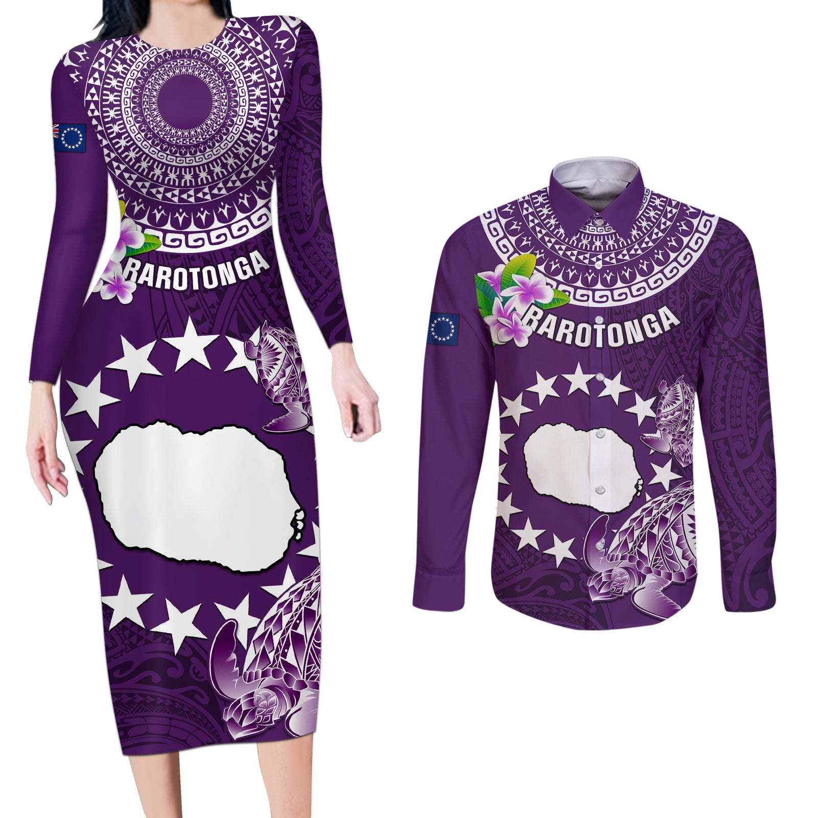 Cook Islands Rarotonga Couples Matching Long Sleeve Bodycon Dress and Long Sleeve Button Shirts Coat Of Arms Plumeria Polynesian Turtle LT05 Purple - Polynesian Pride