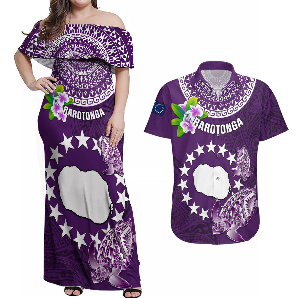 Cook Islands Rarotonga Couples Matching Off Shoulder Maxi Dress and Hawaiian Shirt Coat Of Arms Plumeria Polynesian Turtle LT05 Purple - Polynesian Pride