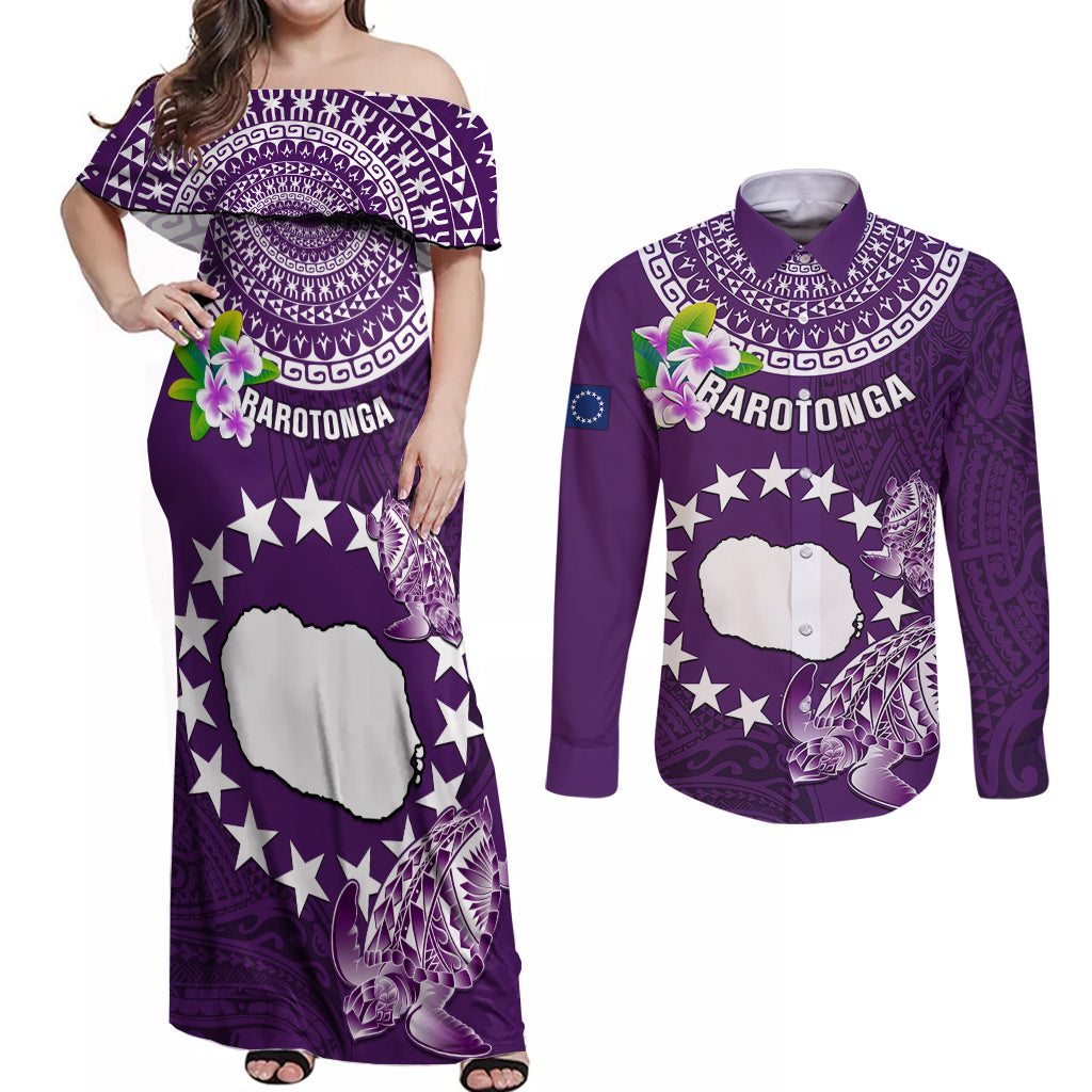 Cook Islands Rarotonga Couples Matching Off Shoulder Maxi Dress and Long Sleeve Button Shirts Coat Of Arms Plumeria Polynesian Turtle LT05 Purple - Polynesian Pride