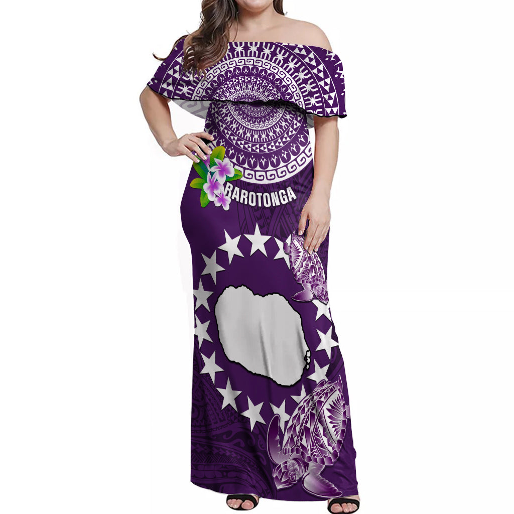 Cook Islands Rarotonga Off Shoulder Maxi Dress Coat Of Arms Plumeria Polynesian Turtle LT05 Women Purple - Polynesian Pride