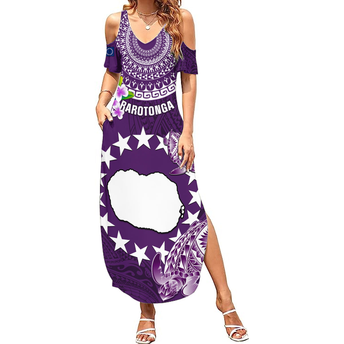 Cook Islands Rarotonga Summer Maxi Dress Coat Of Arms Plumeria Polynesian Turtle LT05 Women Purple - Polynesian Pride