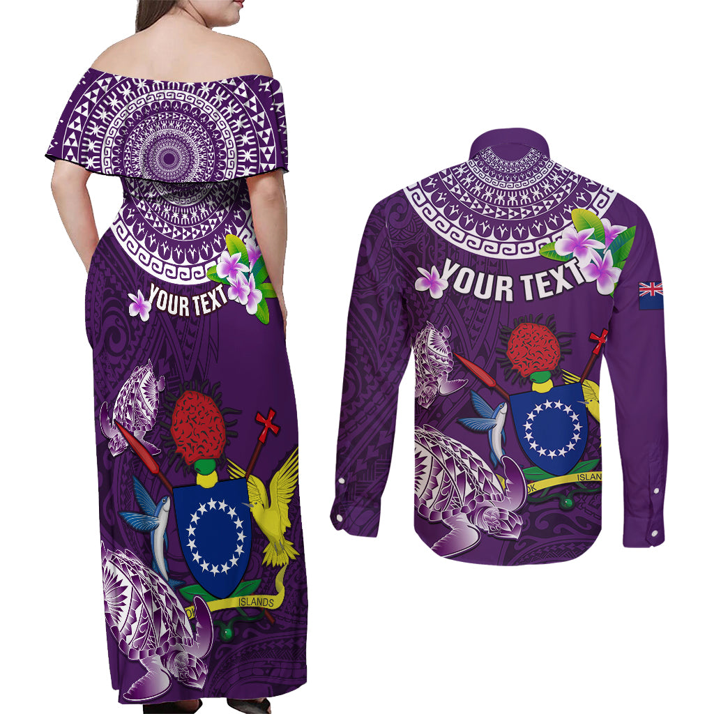 Personalized Cook Islands Rarotonga Couples Matching Off Shoulder Maxi Dress and Long Sleeve Button Shirts Coat Of Arms Plumeria Polynesian Turtle LT05 - Polynesian Pride