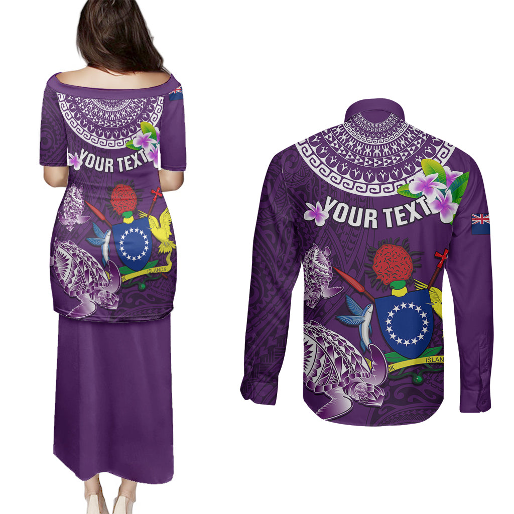 Personalized Cook Islands Rarotonga Couples Matching Puletasi Dress and Long Sleeve Button Shirts Coat Of Arms Plumeria Polynesian Turtle LT05 - Polynesian Pride