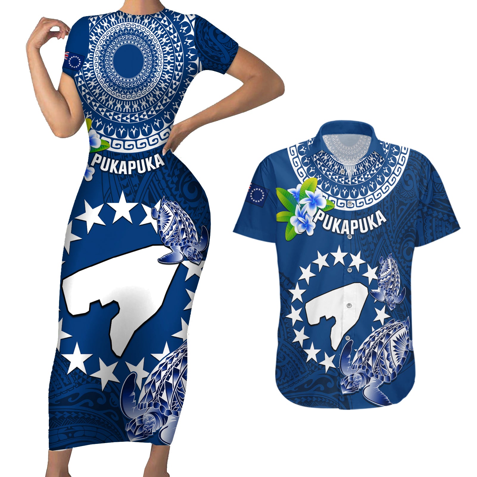 Cook Islands Pukapuka Couples Matching Short Sleeve Bodycon Dress and Hawaiian Shirt Coat Of Arms Plumeria Polynesian Turtle LT05 Blue - Polynesian Pride