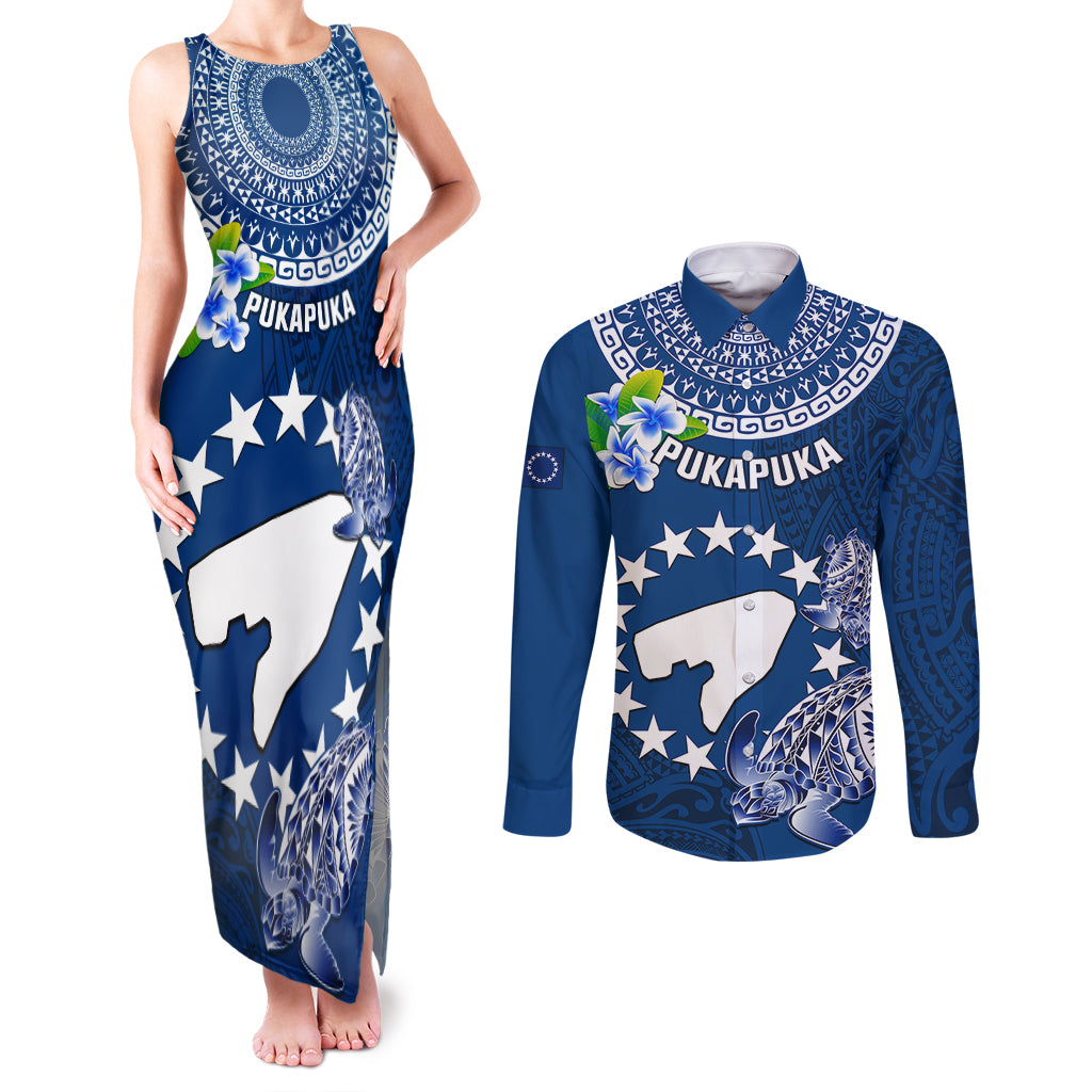 Personalized Cook Islands Pukapuka Couples Matching Tank Maxi Dress and Long Sleeve Button Shirts Coat Of Arms Plumeria Polynesian Turtle LT05 Blue - Polynesian Pride