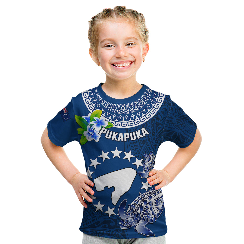 Personalized Cook Islands Pukapuka Kid T Shirt Coat Of Arms Plumeria Polynesian Turtle LT05 Blue - Polynesian Pride