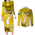 Cook Islands Aitutaki Couples Matching Long Sleeve Bodycon Dress and Long Sleeve Button Shirts Coat Of Arms Plumeria Polynesian Turtle LT05 Yellow - Polynesian Pride