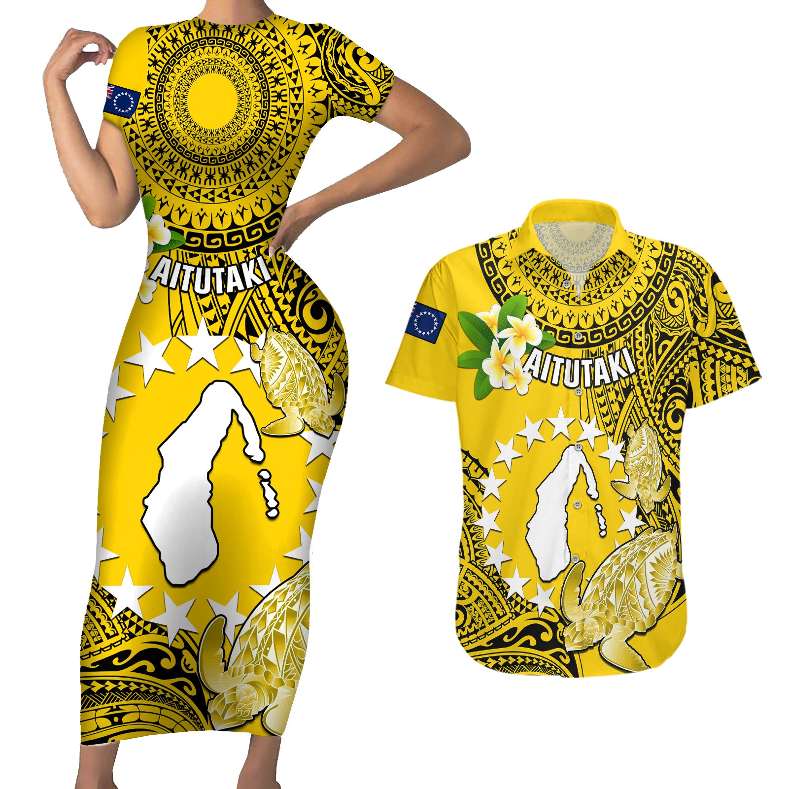 Cook Islands Aitutaki Couples Matching Short Sleeve Bodycon Dress and Hawaiian Shirt Coat Of Arms Plumeria Polynesian Turtle LT05 Yellow - Polynesian Pride