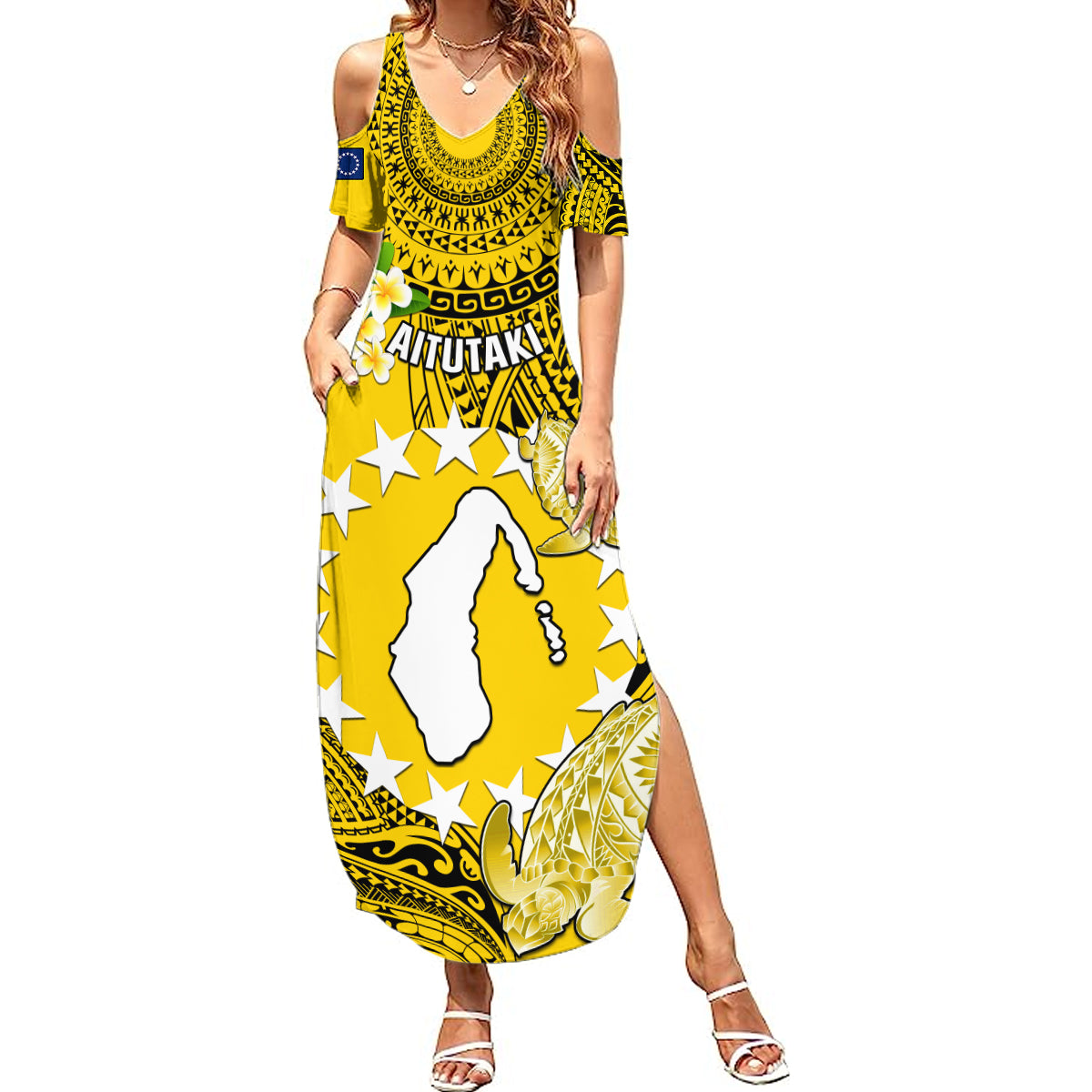 Cook Islands Aitutaki Summer Maxi Dress Coat Of Arms Plumeria Polynesian Turtle LT05 Women Yellow - Polynesian Pride