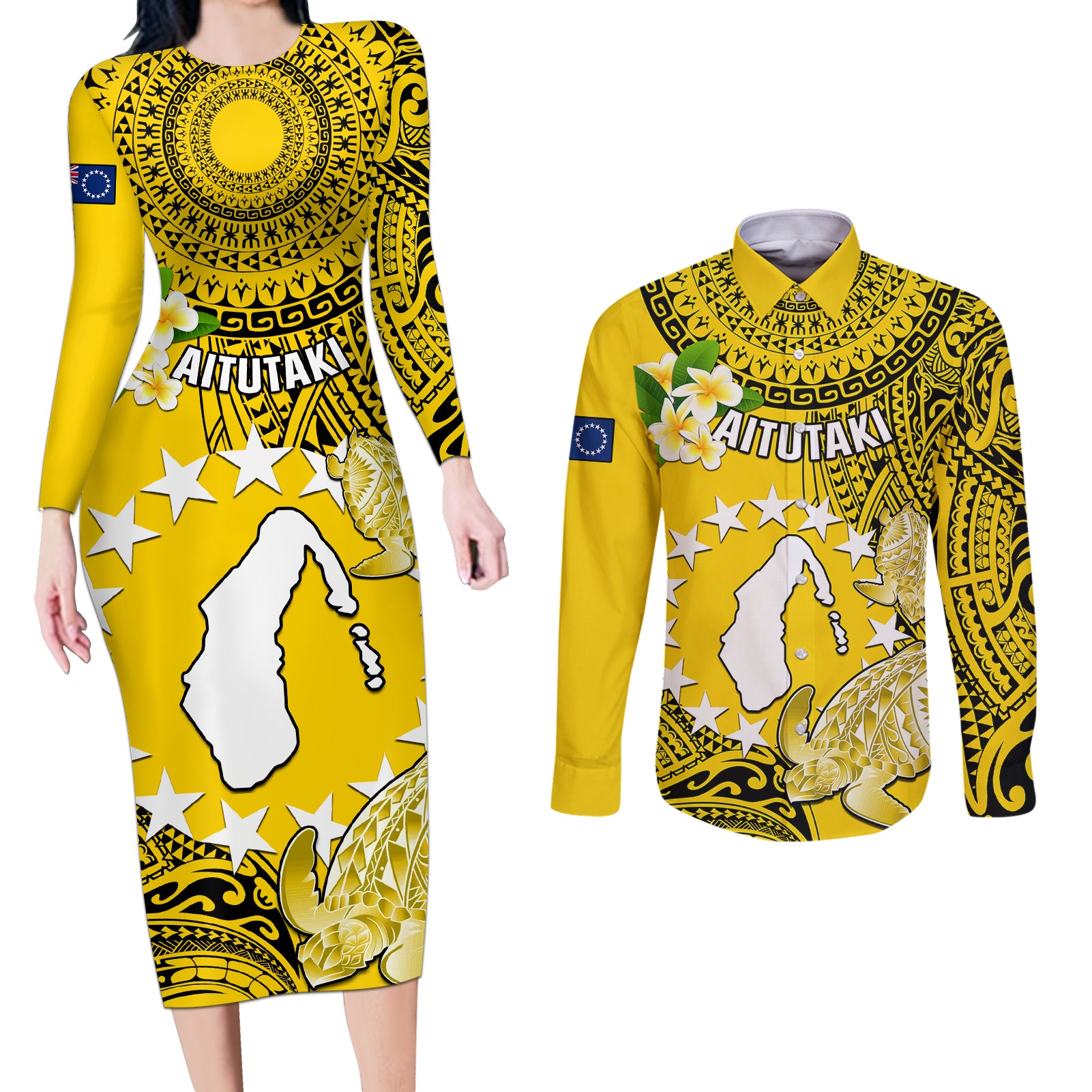 Personalized Cook Islands Aitutaki Couples Matching Long Sleeve Bodycon Dress and Long Sleeve Button Shirts Coat Of Arms Plumeria Polynesian Turtle LT05 Yellow - Polynesian Pride