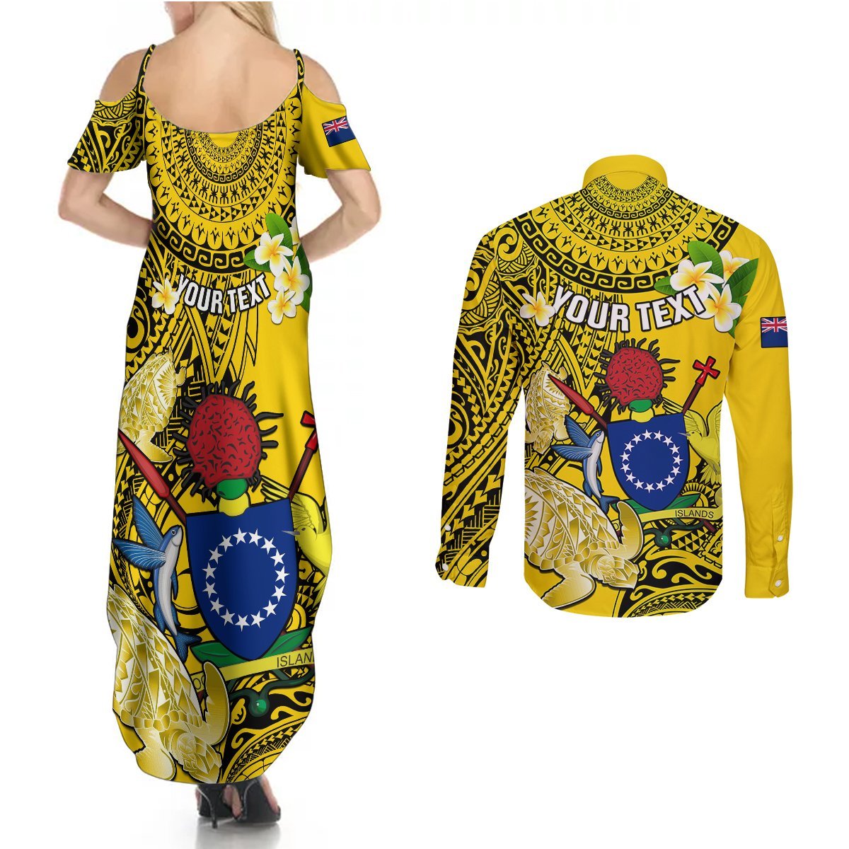 Personalized Cook Islands Aitutaki Couples Matching Summer Maxi Dress and Long Sleeve Button Shirts Coat Of Arms Plumeria Polynesian Turtle LT05 - Polynesian Pride