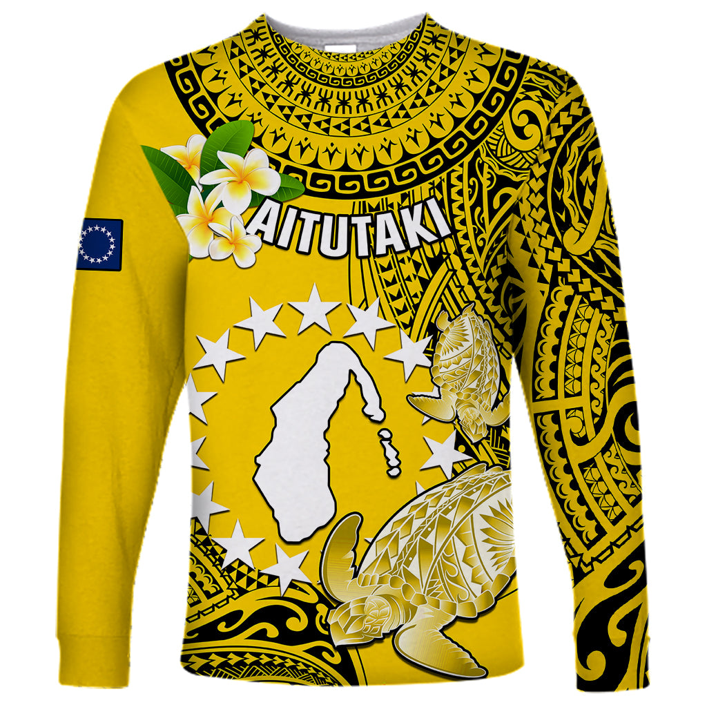 Personalized Cook Islands Aitutaki Long Sleeve Shirt Coat Of Arms Plumeria Polynesian Turtle LT05 Unisex Yellow - Polynesian Pride