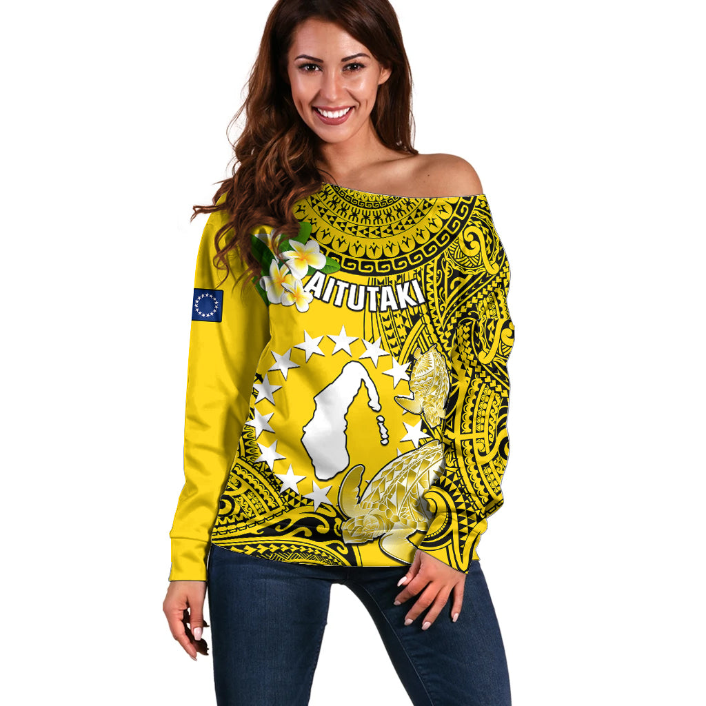 Personalized Cook Islands Aitutaki Off Shoulder Sweater Coat Of Arms Plumeria Polynesian Turtle LT05 Women Yellow - Polynesian Pride