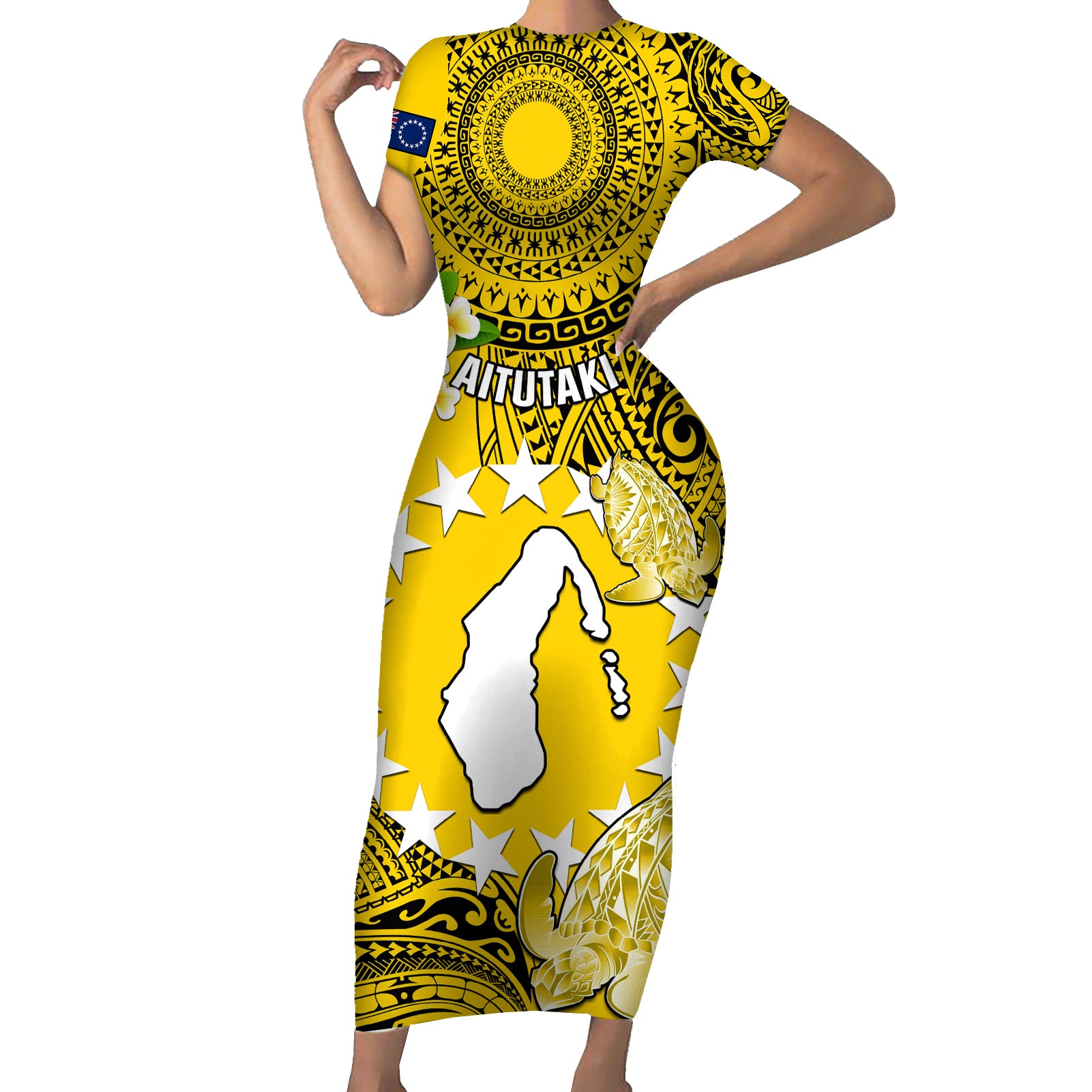 Personalized Cook Islands Aitutaki Short Sleeve Bodycon Dress Coat Of Arms Plumeria Polynesian Turtle LT05 Long Dress Yellow - Polynesian Pride