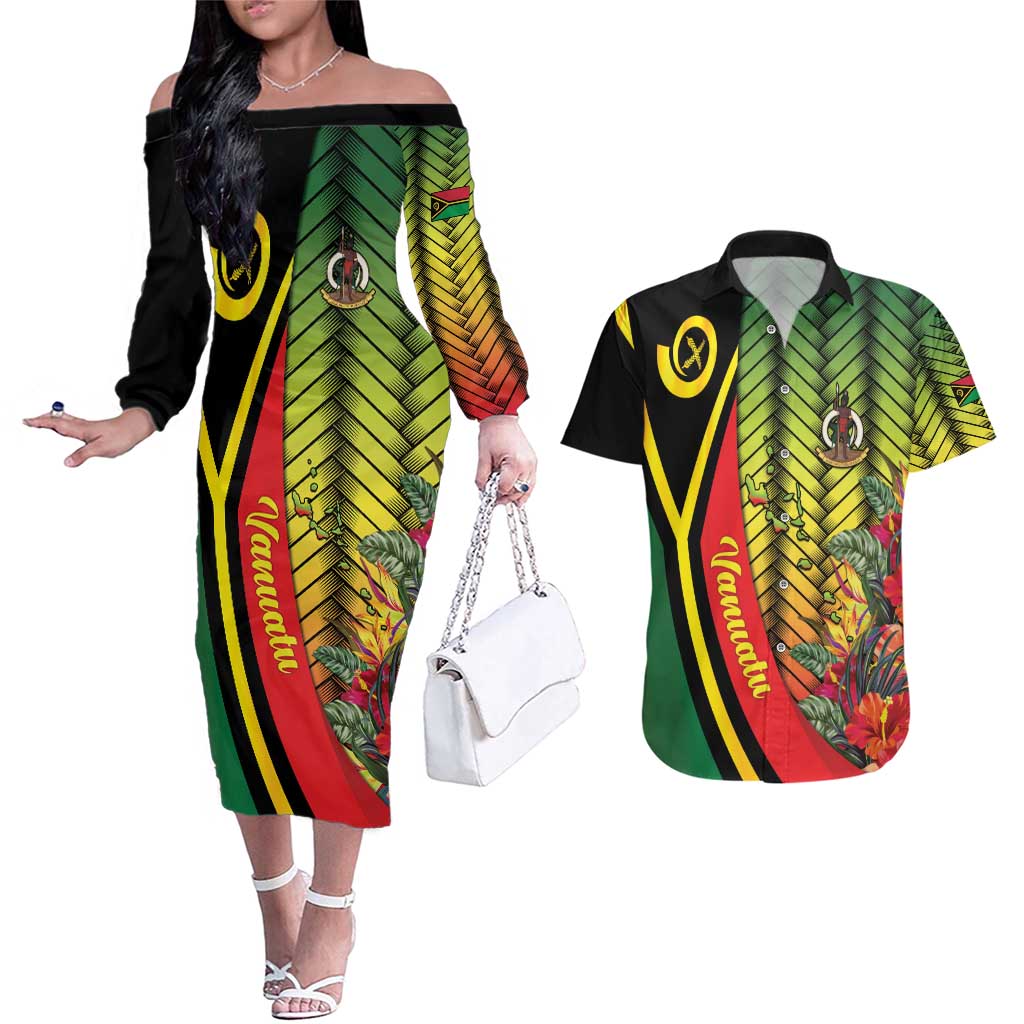 Vanuatu Constitution Day Couples Matching Off The Shoulder Long Sleeve Dress and Hawaiian Shirt Long Live Vanuatu - Polynesian Pride
