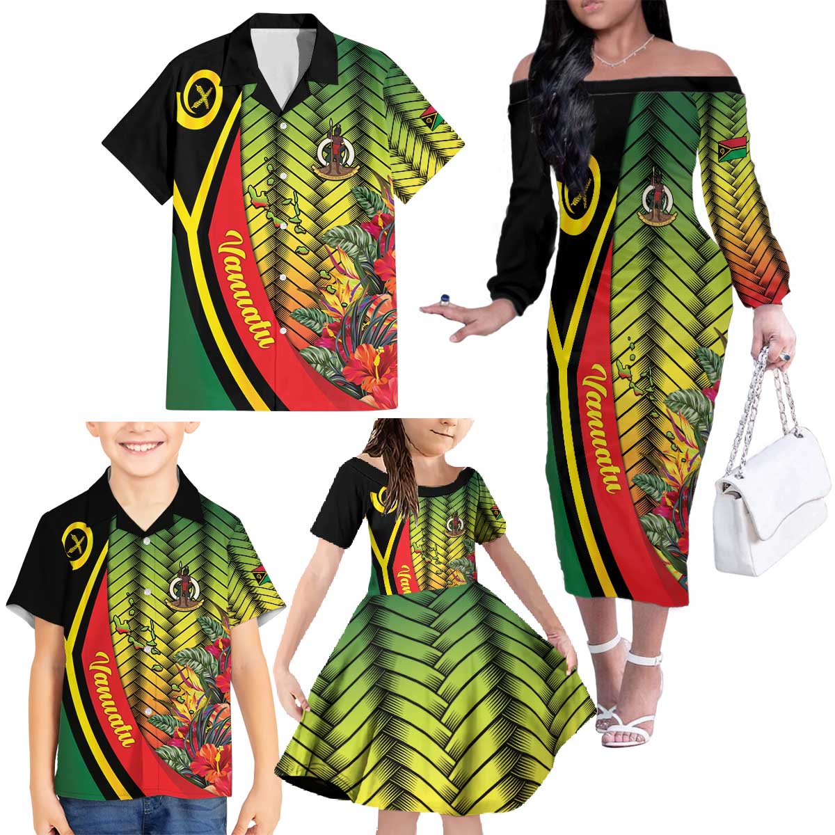Vanuatu Constitution Day Family Matching Off The Shoulder Long Sleeve Dress and Hawaiian Shirt Long Live Vanuatu - Polynesian Pride