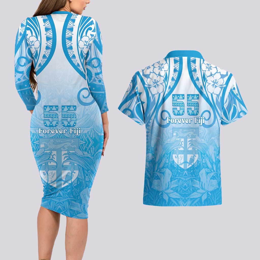 Fiji Day Couples Matching Long Sleeve Bodycon Dress and Hawaiian Shirt 55th Anniversary Forever Fiji - Polynesian Pride
