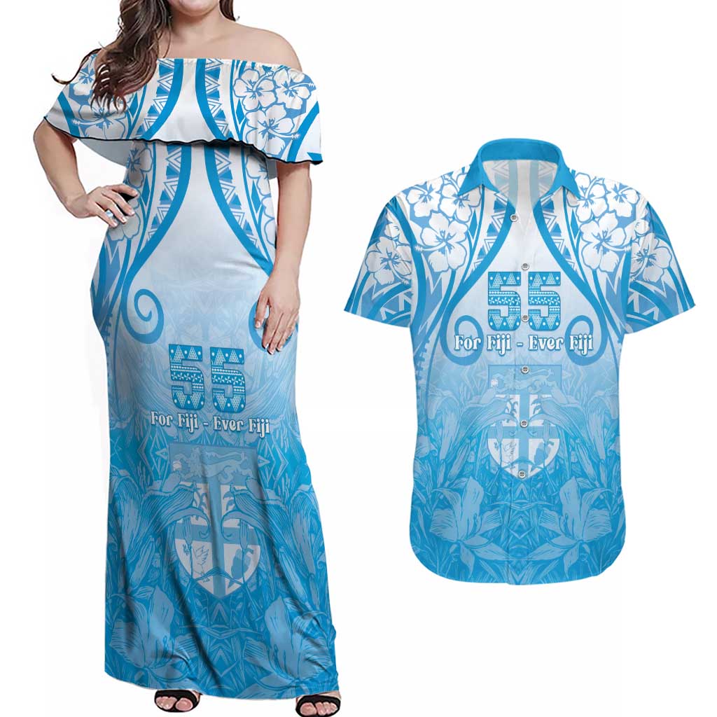 Fiji Day Couples Matching Off Shoulder Maxi Dress and Hawaiian Shirt 55th Anniversary Forever Fiji - Polynesian Pride