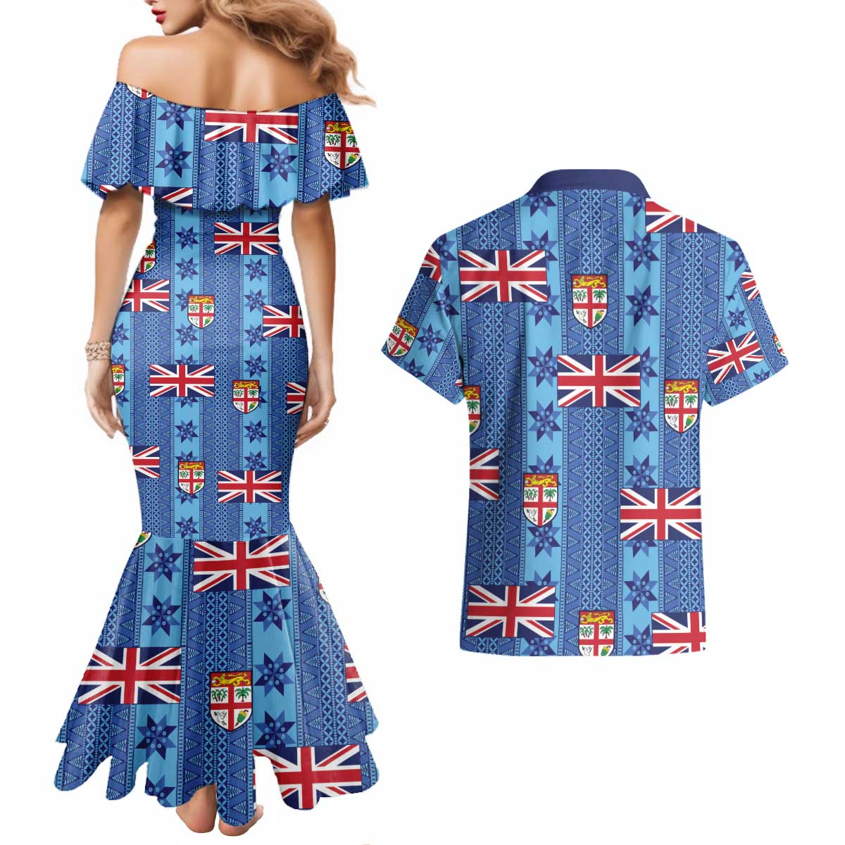 Fiji Masi Tapa Couples Matching Mermaid Dress and Hawaiian Shirt Coat Of Arms - Polynesian Pride