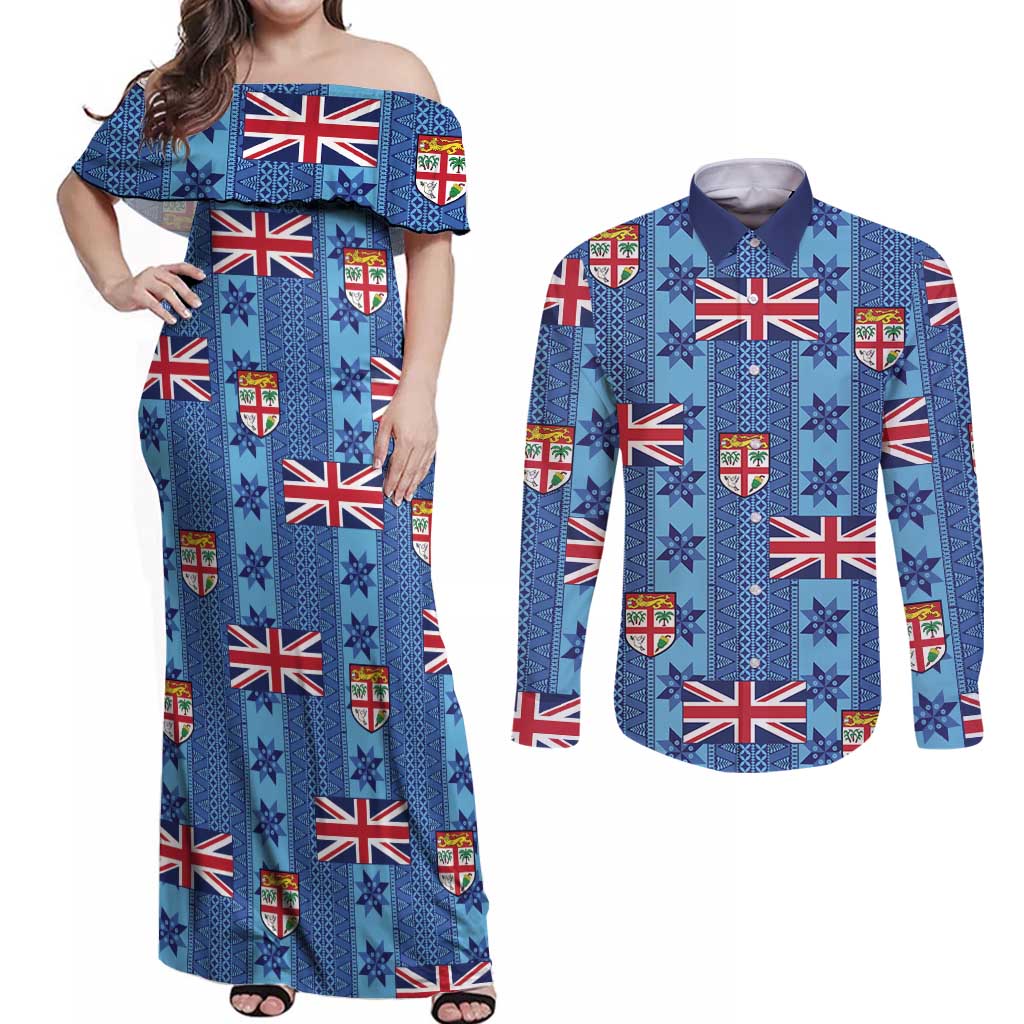 Fiji Masi Tapa Couples Matching Off Shoulder Maxi Dress and Long Sleeve Button Shirt Coat Of Arms - Polynesian Pride
