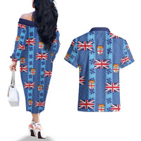 Fiji Masi Tapa Couples Matching Off The Shoulder Long Sleeve Dress and Hawaiian Shirt Coat Of Arms - Polynesian Pride