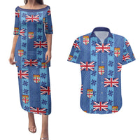 Fiji Masi Tapa Couples Matching Puletasi and Hawaiian Shirt Coat Of Arms LT05 Blue - Polynesian Pride