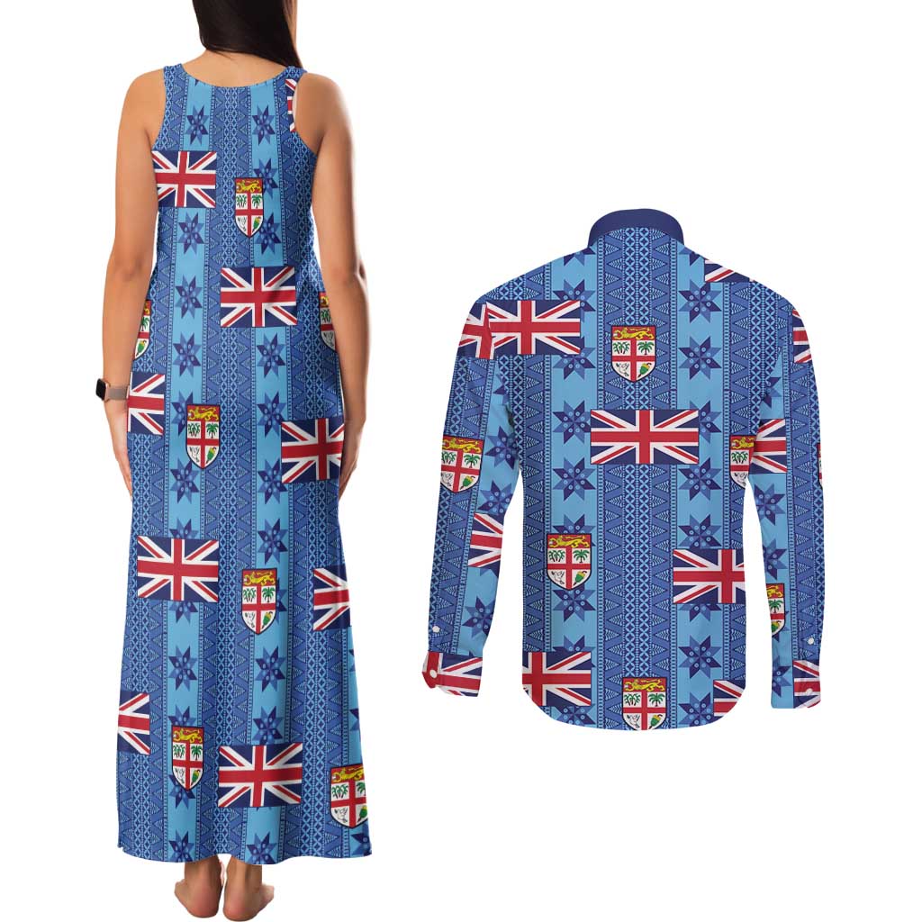 Fiji Masi Tapa Couples Matching Tank Maxi Dress and Long Sleeve Button Shirt Coat Of Arms - Polynesian Pride
