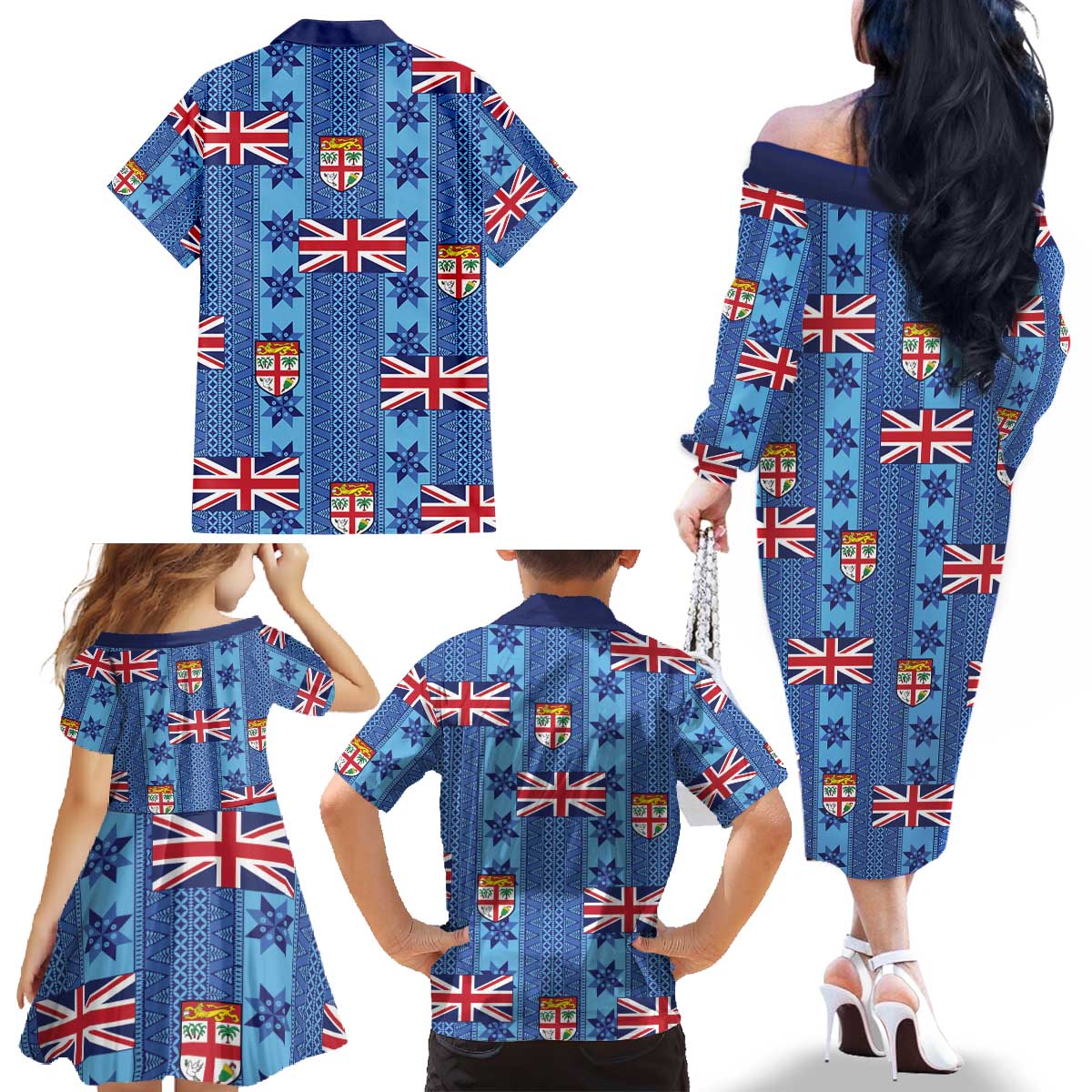Fiji Masi Tapa Family Matching Off The Shoulder Long Sleeve Dress and Hawaiian Shirt Coat Of Arms - Polynesian Pride