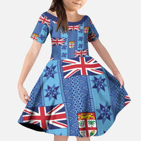 Fiji Masi Tapa Family Matching Puletasi and Hawaiian Shirt Coat Of Arms LT05 Daughter's Dress Blue - Polynesian Pride
