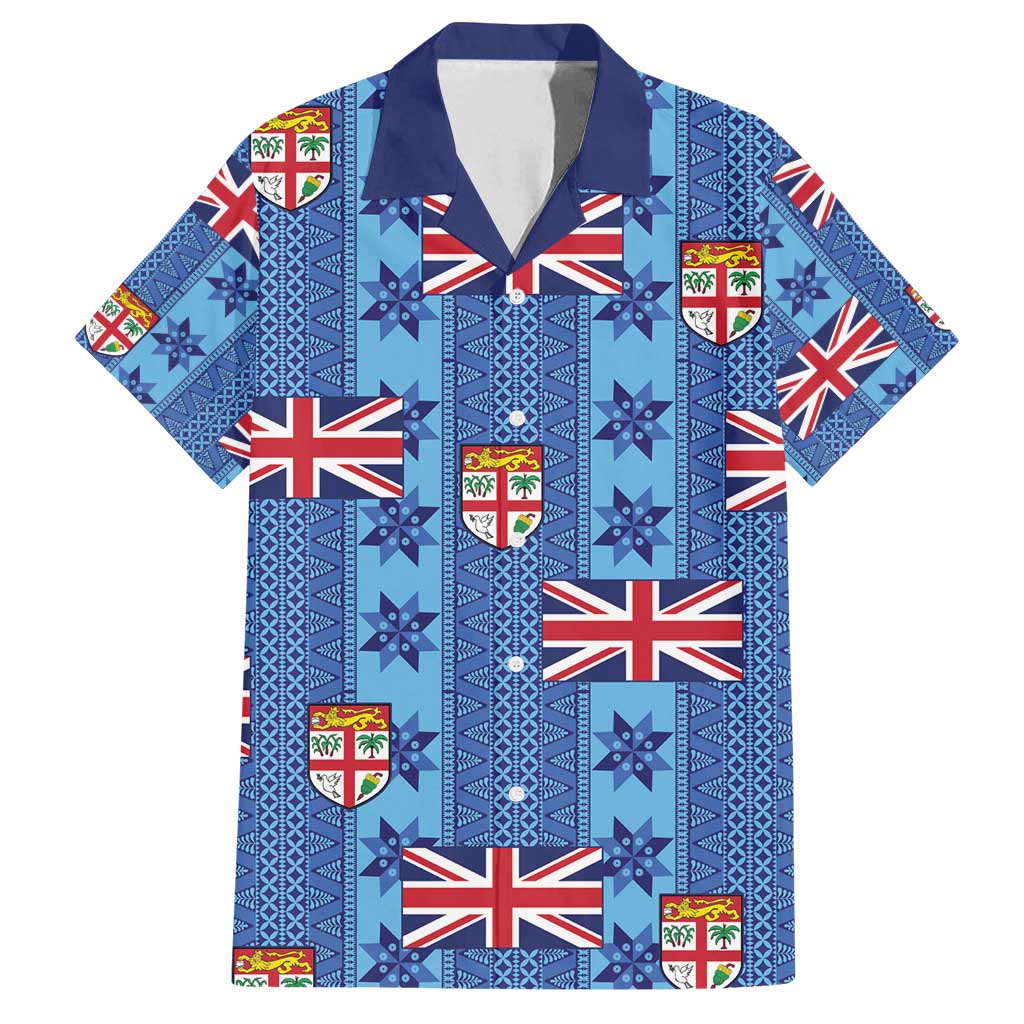Fiji Masi Tapa Family Matching Puletasi and Hawaiian Shirt Coat Of Arms LT05 Dad's Shirt - Short Sleeve Blue - Polynesian Pride