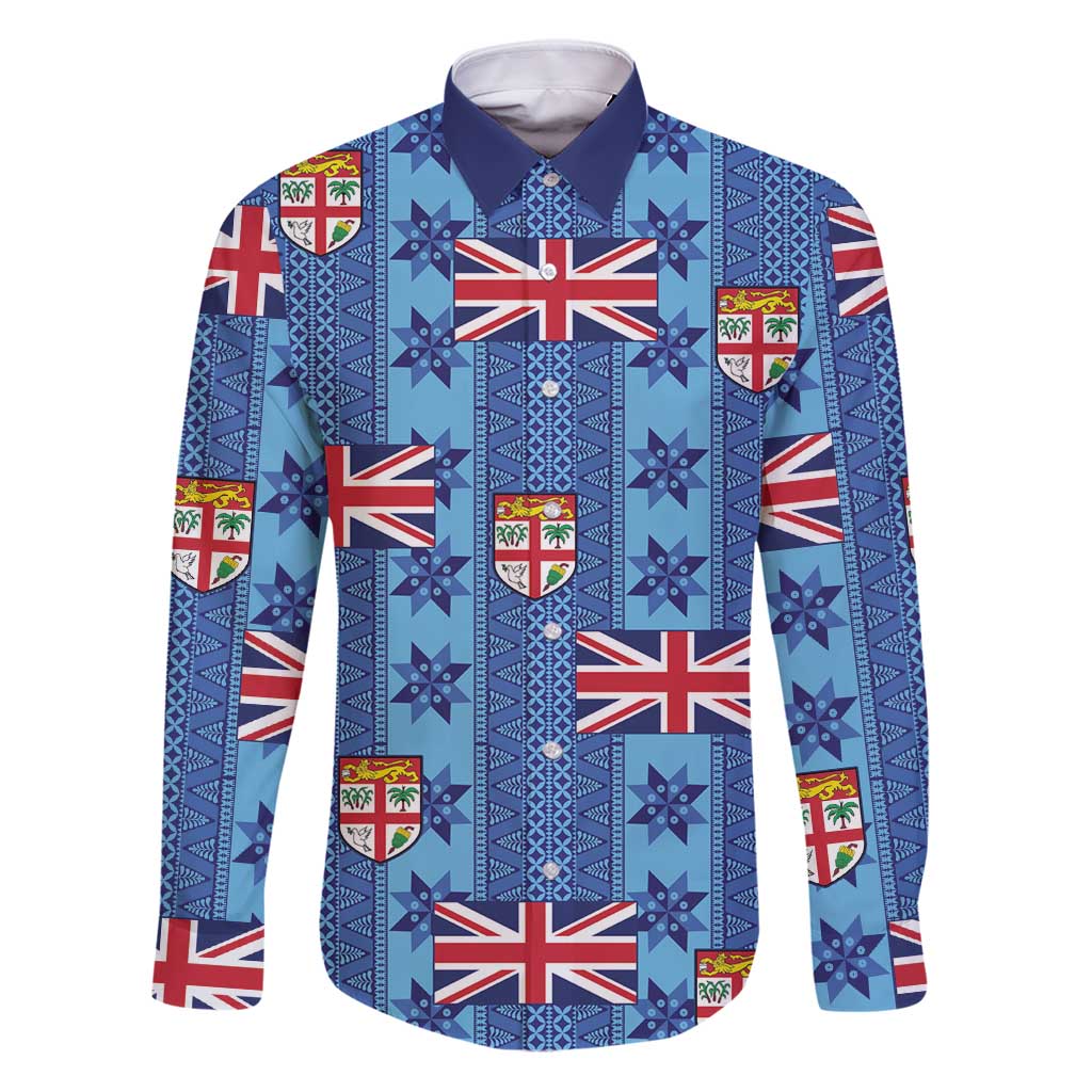Fiji Masi Tapa Family Matching Puletasi and Hawaiian Shirt Coat Of Arms LT05 Dad's Shirt - Long Sleeve Blue - Polynesian Pride