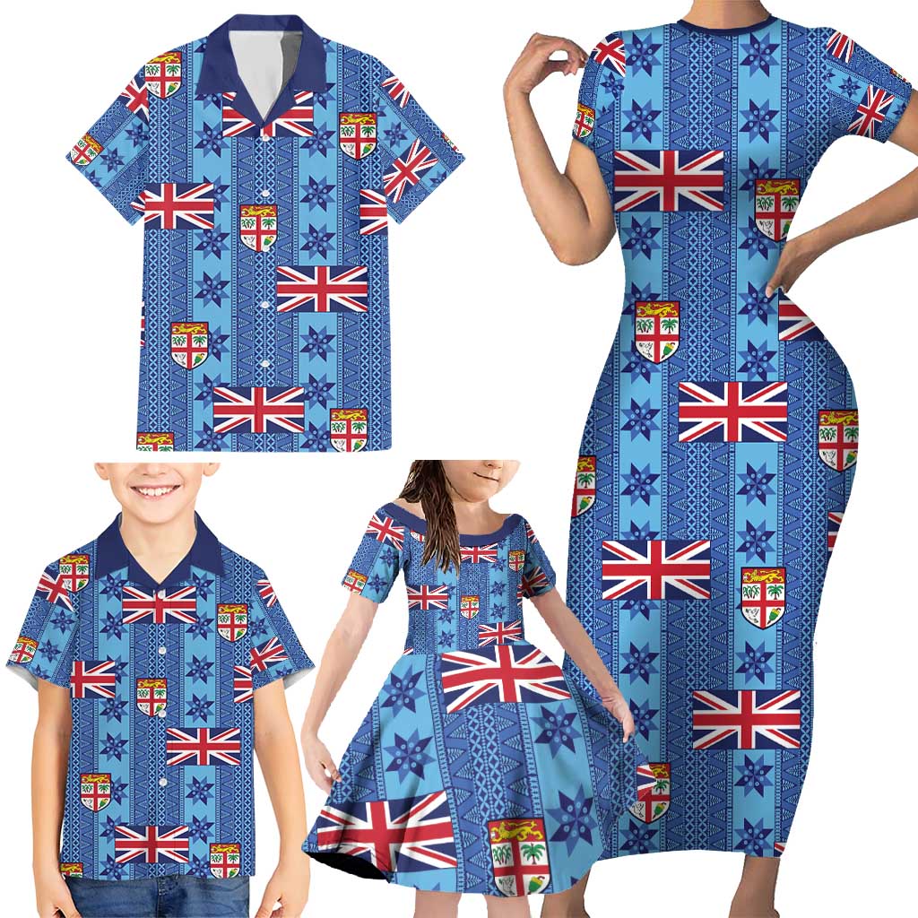 Fiji Masi Tapa Family Matching Short Sleeve Bodycon Dress and Hawaiian Shirt Coat Of Arms - Polynesian Pride