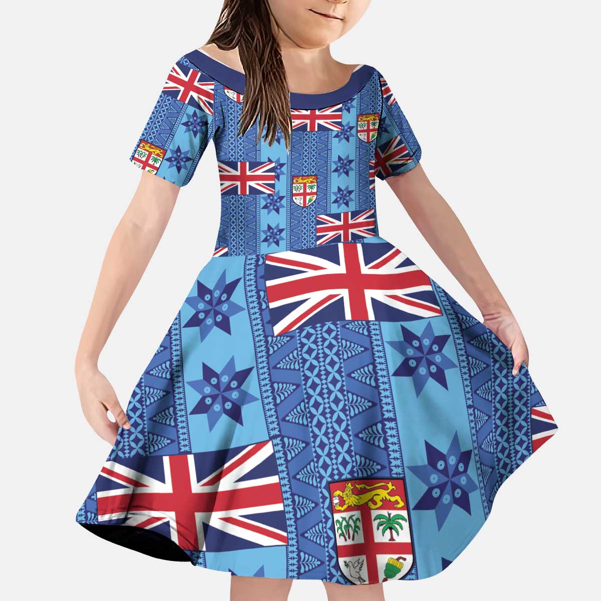 Fiji Masi Tapa Kid Short Sleeve Dress Coat Of Arms - Polynesian Pride