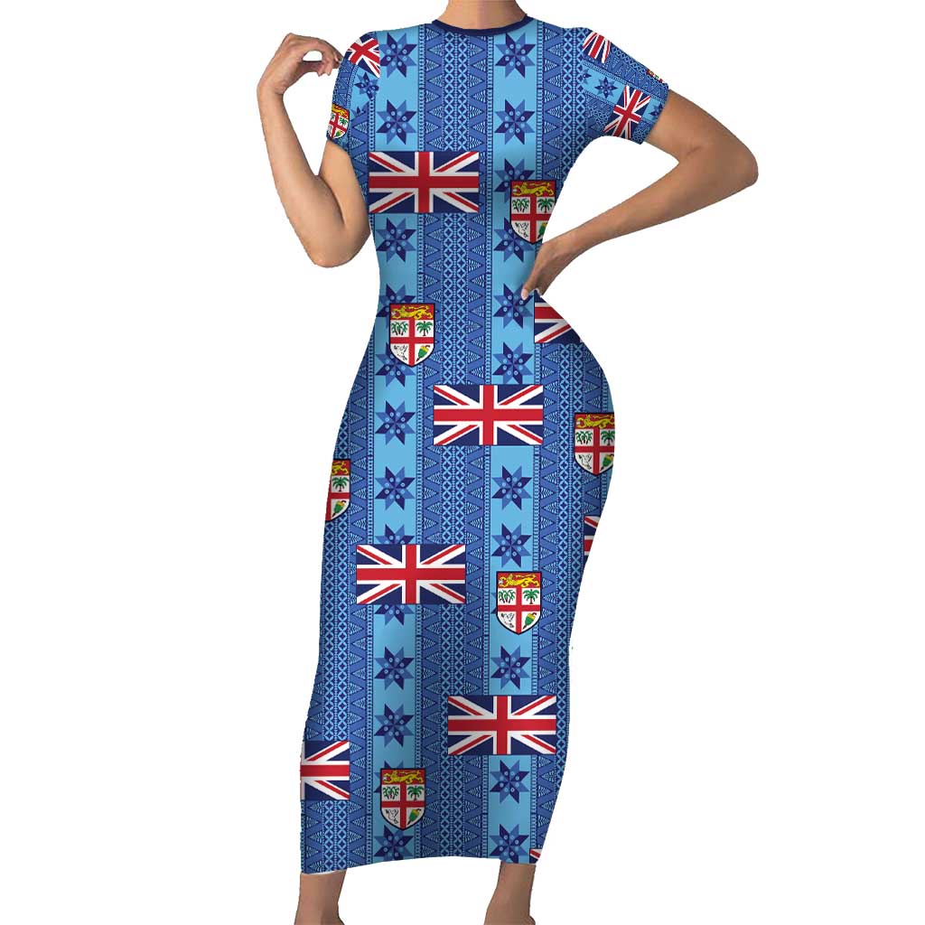 Fiji Masi Tapa Short Sleeve Bodycon Dress Coat Of Arms LT05 Long Dress Blue - Polynesian Pride