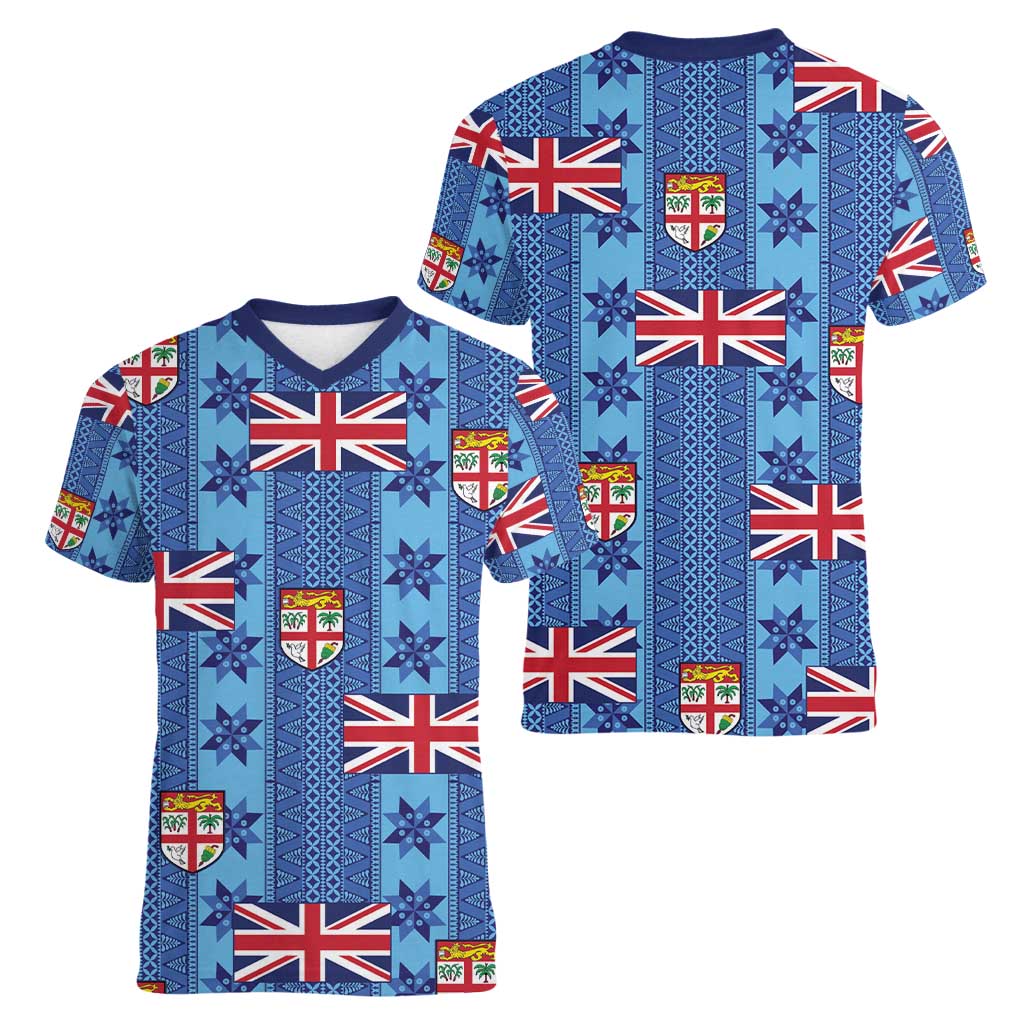 Fiji Masi Tapa Women V-Neck T-Shirt Coat Of Arms - Polynesian Pride