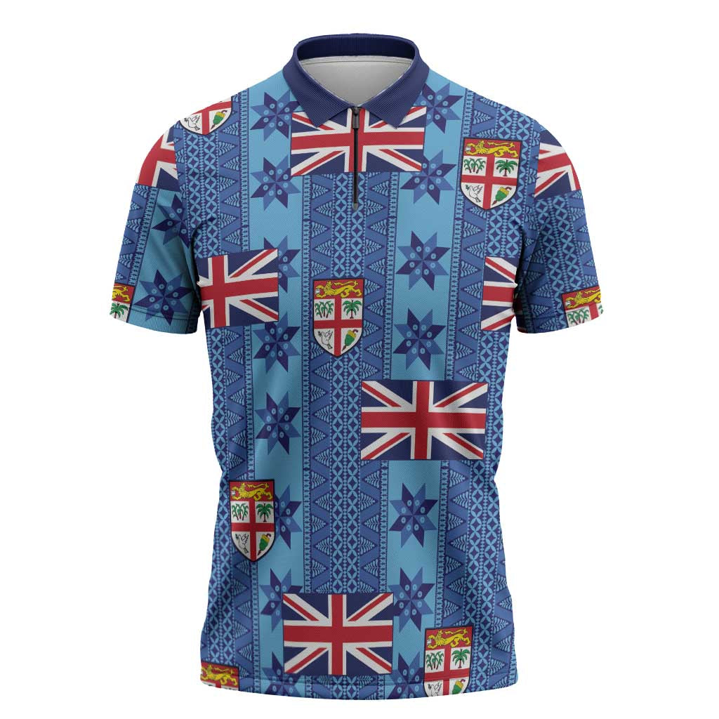Fiji Masi Tapa Zipper Polo Shirt Coat Of Arms - Polynesian Pride