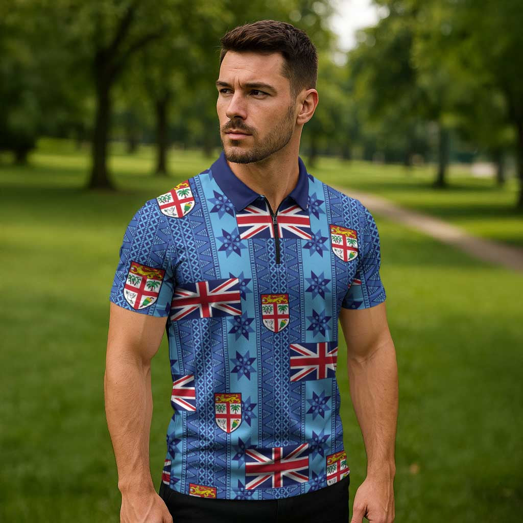 Fiji Masi Tapa Zipper Polo Shirt Coat Of Arms - Polynesian Pride