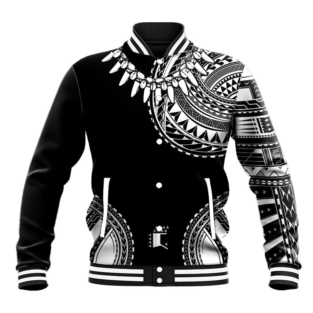 Polynesian Chief Inspired Costume Baseball Jacket Tribal Pattern With Tooth Necklace Black