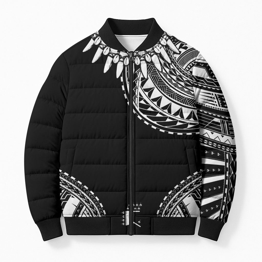 Polynesian Chief Inspired Costume Bomber Puffer Jacket Tribal Pattern With Tooth Necklace Black