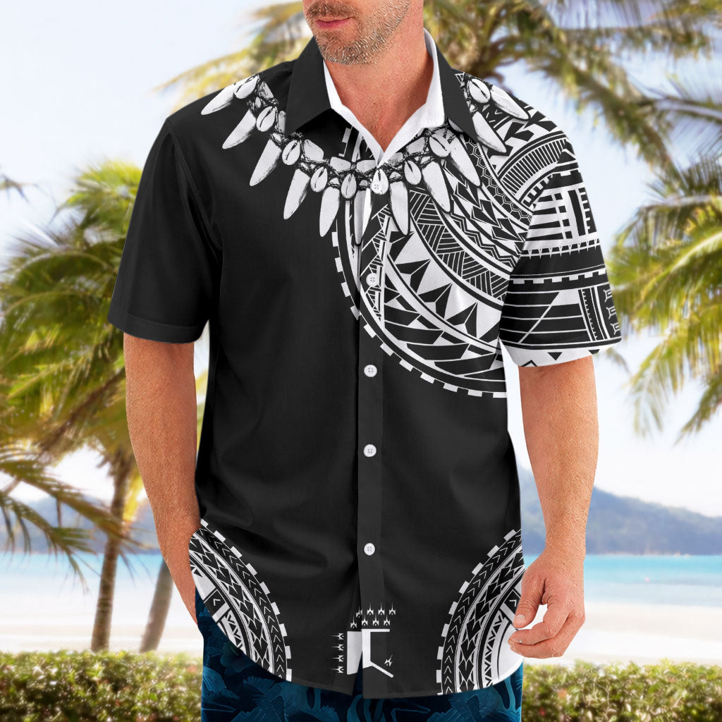 Polynesian Chief Inspired Costume Hawaiian Shirt Tribal Pattern With Tooth Necklace Black