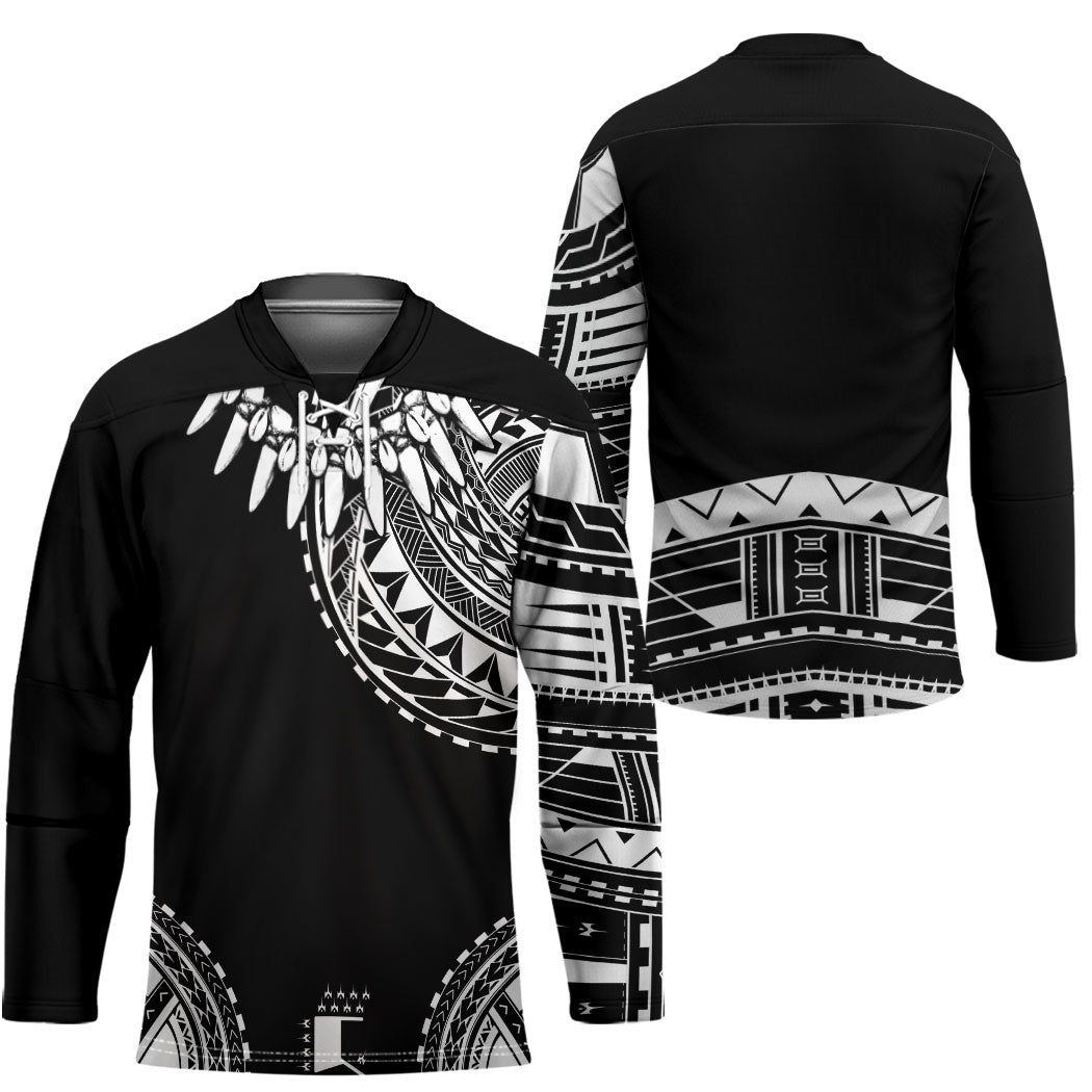 Polynesian Chief Inspired Costume Hockey Jersey Tribal Pattern With Tooth Necklace Black