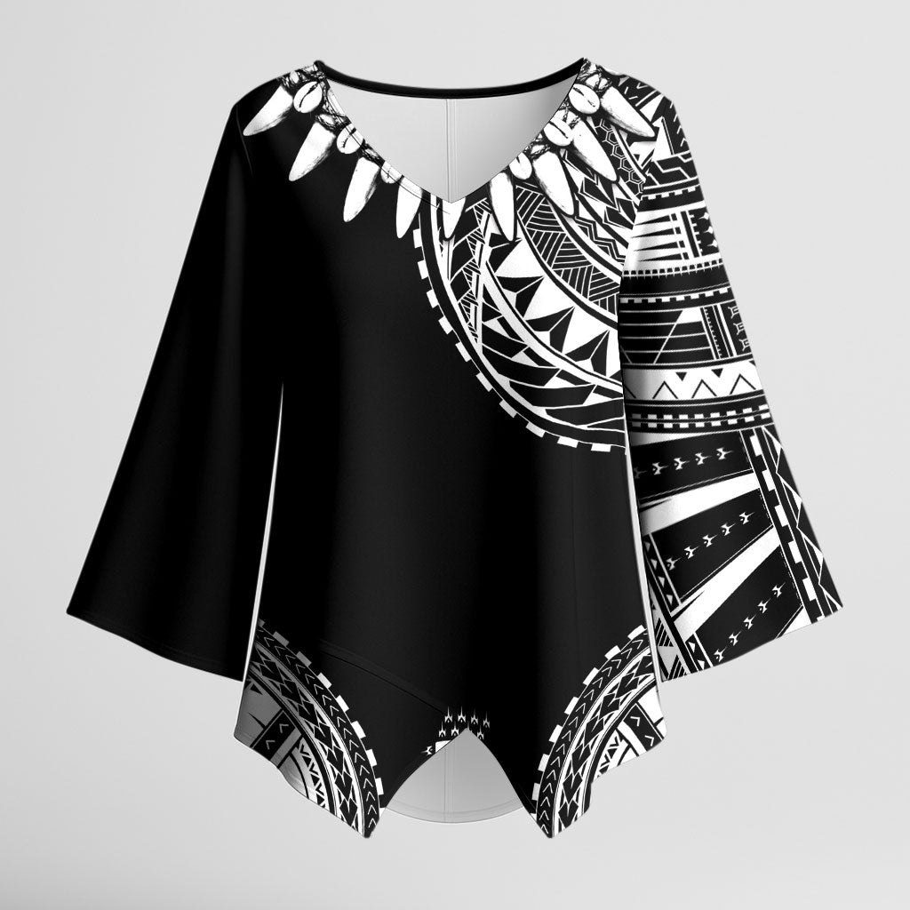 Polynesian Chief Inspired Costume Kimono Sleeve Blouse Tribal Pattern With Tooth Necklace Black