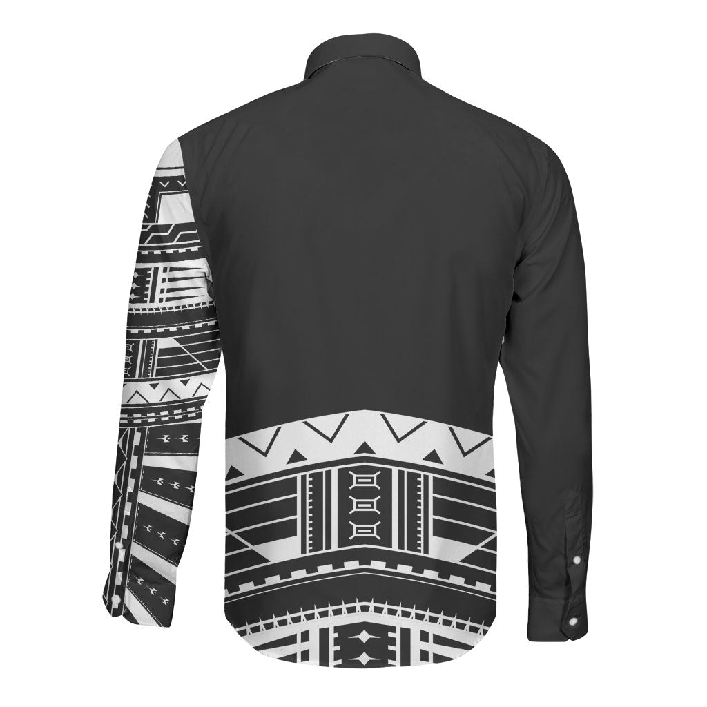 Polynesian Chief Inspired Costume Long Sleeve Button Shirt Tribal Pattern With Tooth Necklace Black