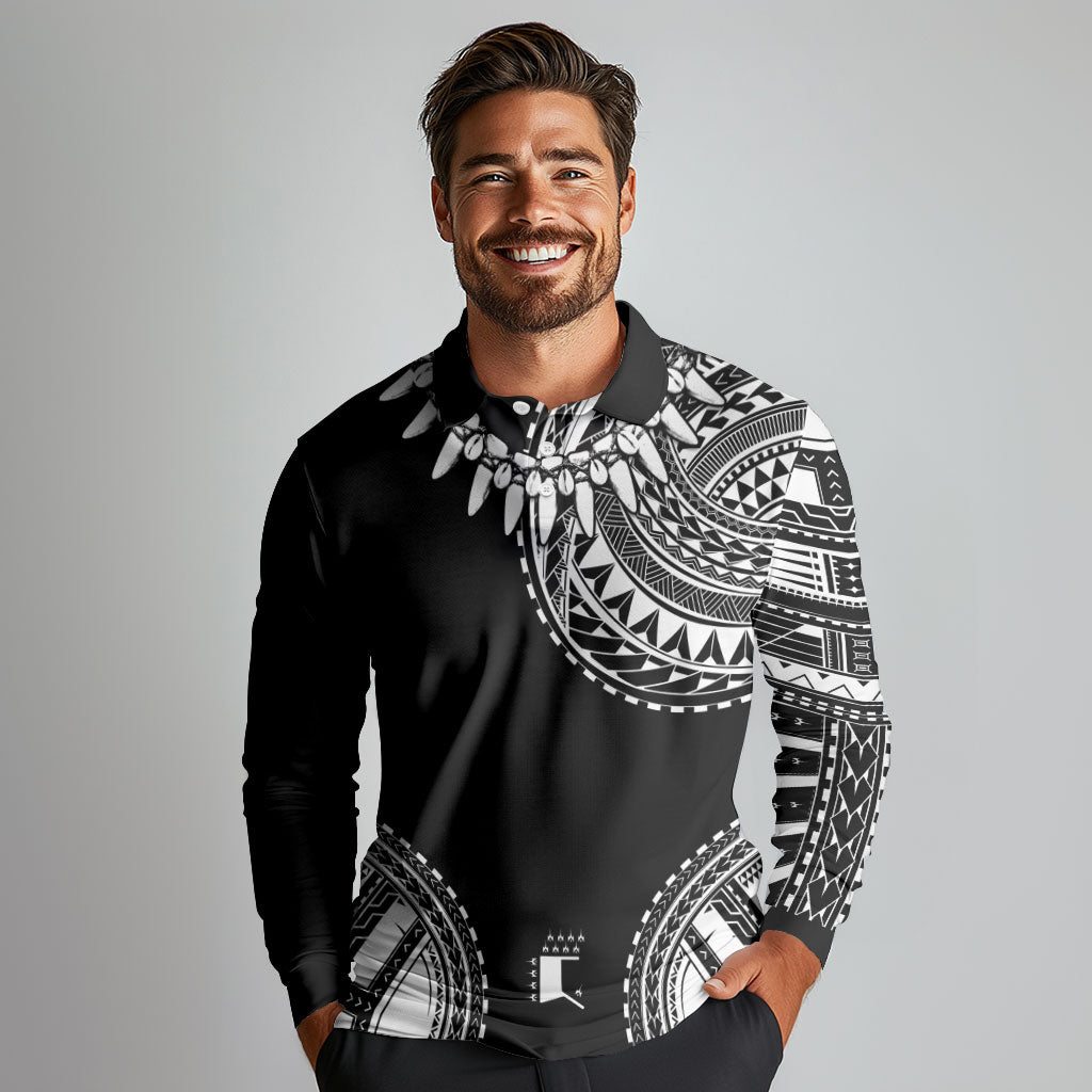 Polynesian Chief Inspired Costume Long Sleeve Polo Shirt Tribal Pattern With Tooth Necklace Black