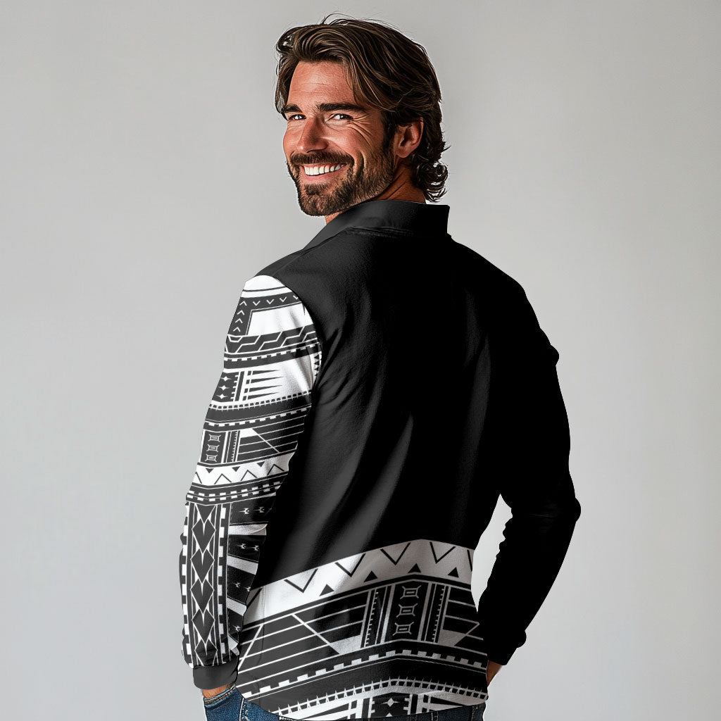 Polynesian Chief Inspired Costume Long Sleeve Polo Shirt Tribal Pattern With Tooth Necklace Black