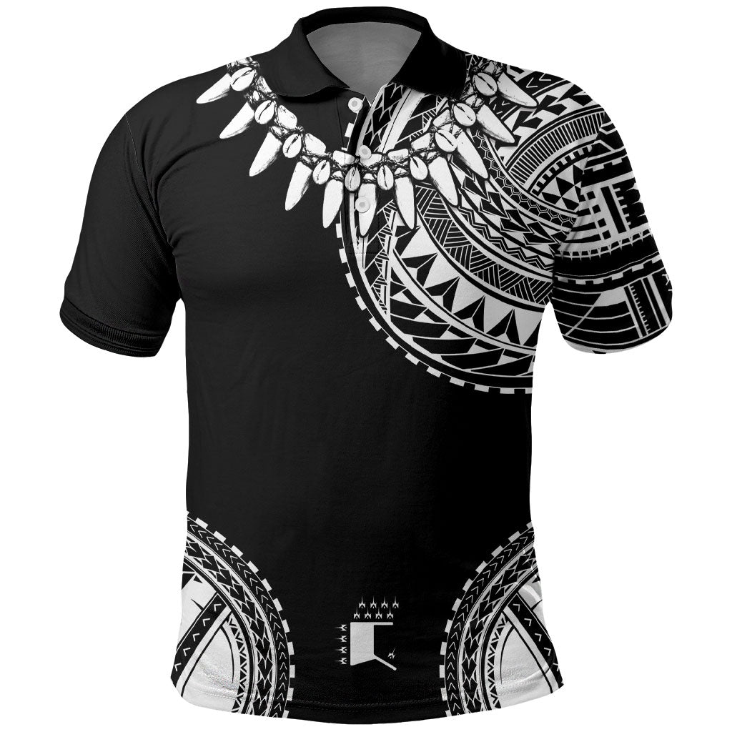 Polynesian Chief Inspired Costume Polo Shirt Tribal Pattern With Tooth Necklace Black