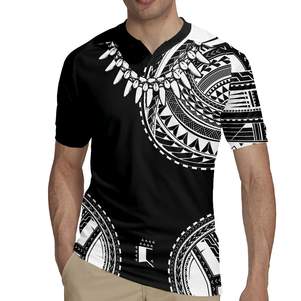 Polynesian Chief Inspired Costume Rugby Jersey Tribal Pattern With Tooth Necklace Black