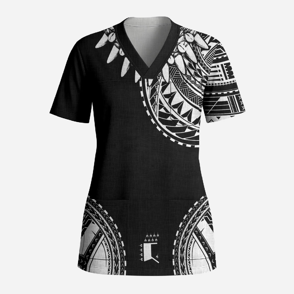 Polynesian Chief Inspired Costume Scrub Top Tribal Pattern With Tooth Necklace Black LT05 Adult Black - Polynesian Pride