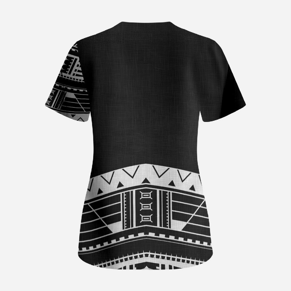 Polynesian Chief Inspired Costume Scrub Top Tribal Pattern With Tooth Necklace Black