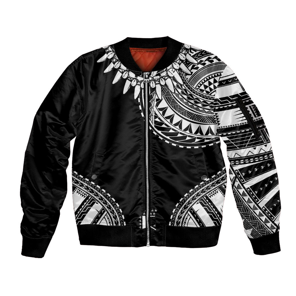 Polynesian Chief Inspired Costume Sleeve Zip Bomber Jacket Tribal Pattern With Tooth Necklace Black